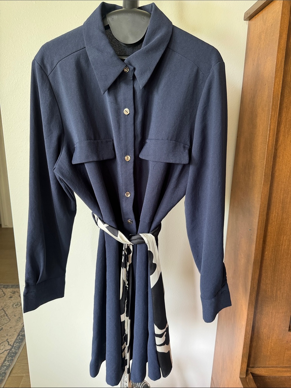 Zara Navy Long Sleeve Shirt Dress with Printed Tie